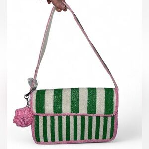Pink Green White Stripped Beaded Shoulder Bag Flower Bag Charm Made in India